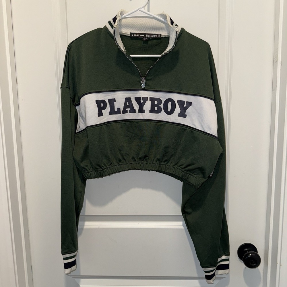Playboy x Missguided Womens 8 Green Colorblock 1/4 Zip Cropped Logo Sweatshirt